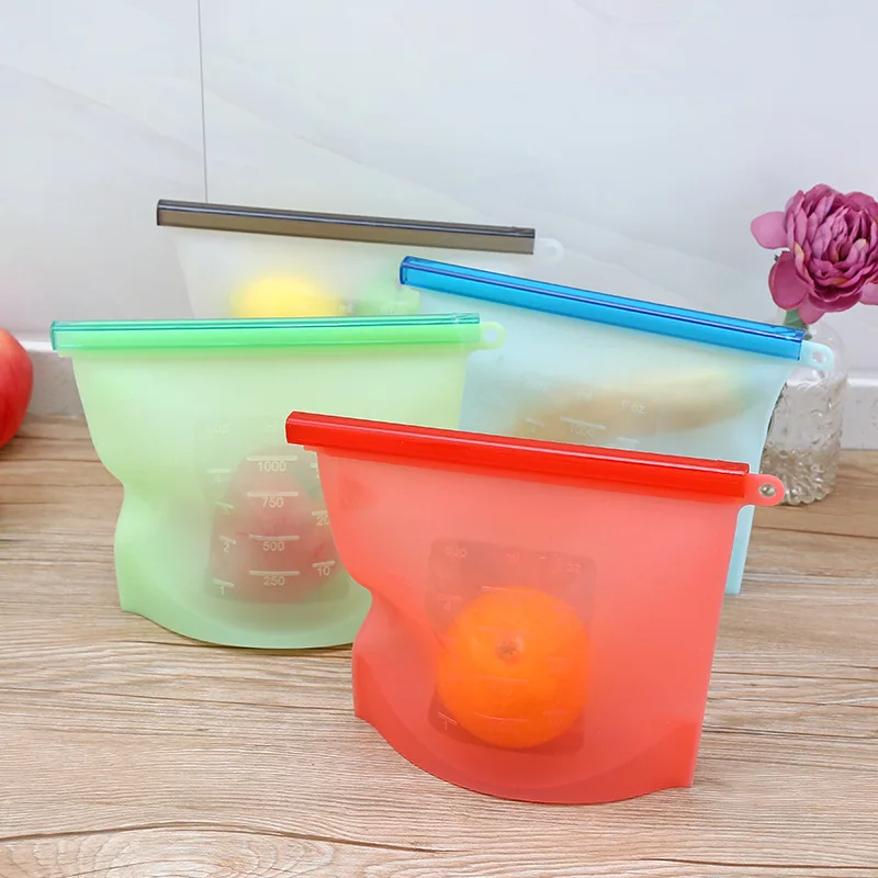 

4PCS 1000ml Kitchen Food Sealing Storage Bag Reusable Refrigerator Fresh Bags Silicone Fruit Meat Ziplock Kitchen Organizer
