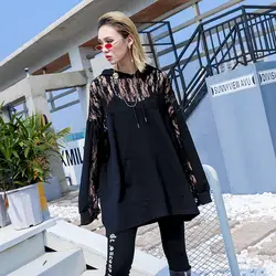 Одежда высшего качества Женский, черный цвет толстовки оверсайз стильный кружево лоскутное kpop одежда пуловеры для женщин