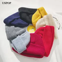 USPOP 2018 новые женские Skullies шапочки сплошной цвет трикотажные шапочки повседневные толстые теплые Вязание шапки зимние шапки