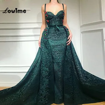 

Dark Green Arabic Evening Dress Lace Prom Dreses Long Train 2018 New Custom Formal Spaghetti Straps Party Gowns Abendkleider