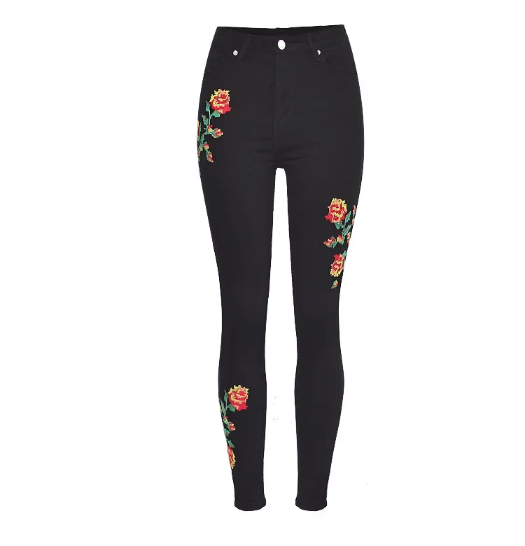 2017 European and American women hot high waist Slim stretch front and rear side cross embroidery roses cowboy pants pants pants (9)