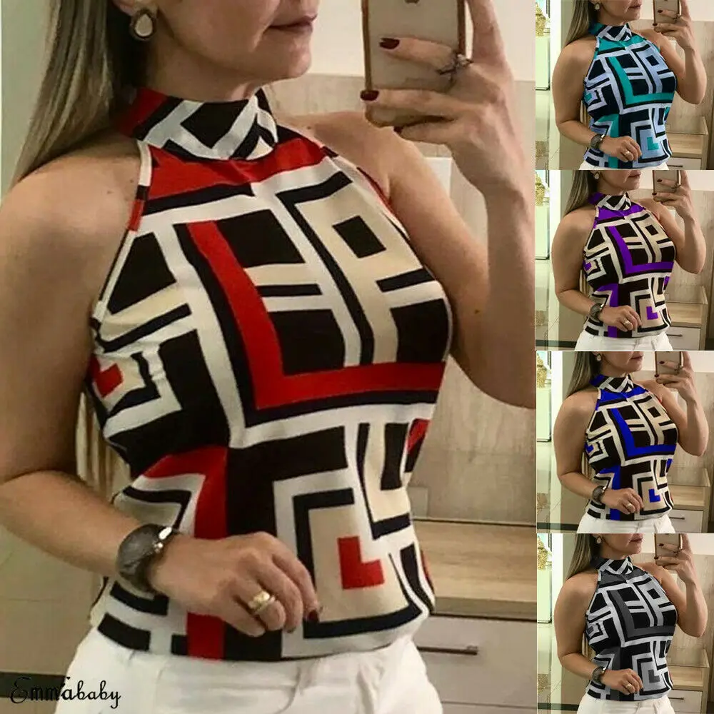 

Summer Women Sleeveless Geometric Printed Casual Slim Tops Plus Size 2019 New