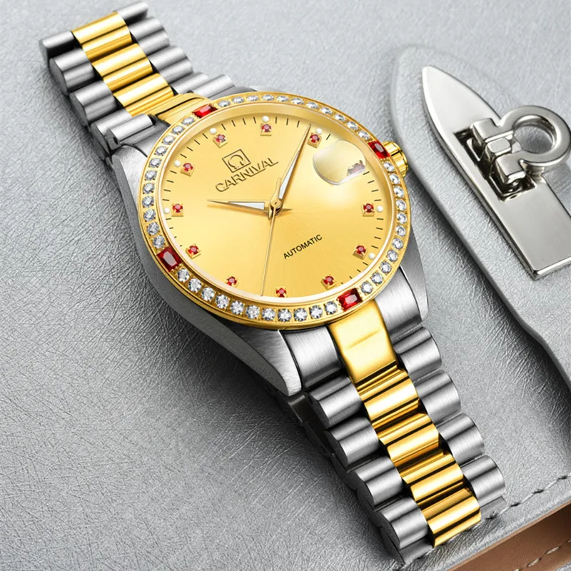 كرنفال التلقائي ووتش الرجال الذهب الماس ساعات آلية أعلى العلامة التجارية الفاخرة الفولاذ المقاوم للصدأ للماء ساعة اليد