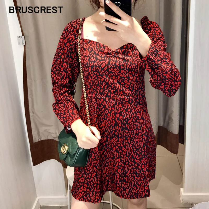 

Summer dress 2019 black red leopard dress women elegant vintage long sleeve mini beach causal korean vestidos streetwear