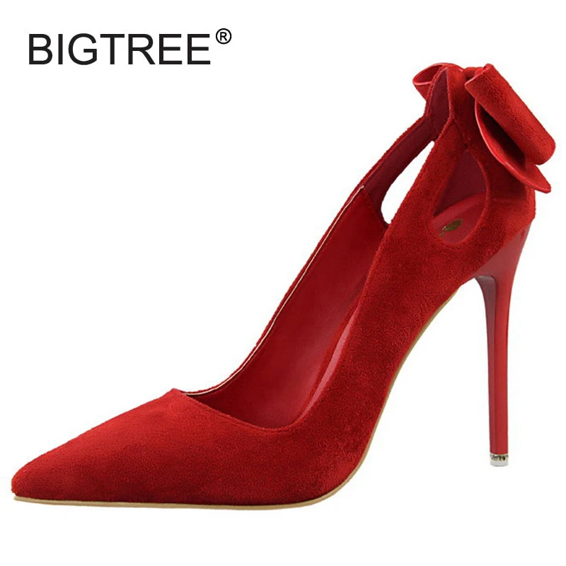 

Fashion Women Bowtie Pointed Toe Pumps New 2019 Suede High Heels For Women Silp On Casual/Party/Wedding Shoes Chaussure Femme 39
