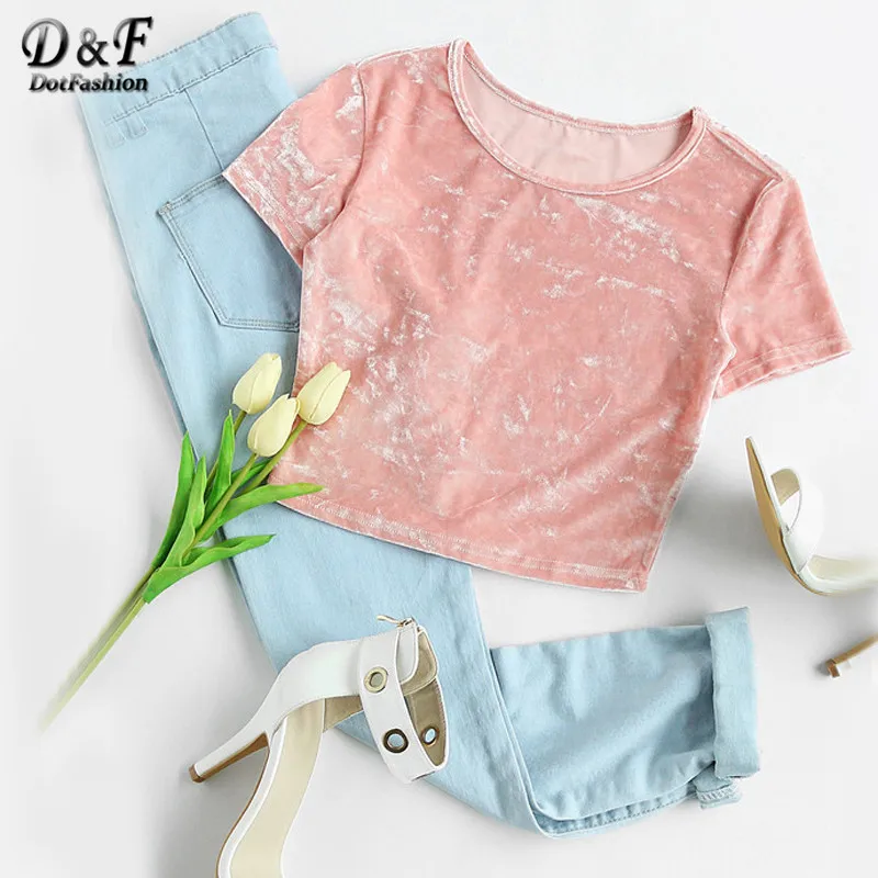 Dotfashion Crushed Velvet T Shirt Women Pink Short Sleeve Sexy Slim Fit Summer Crop Tops 2017