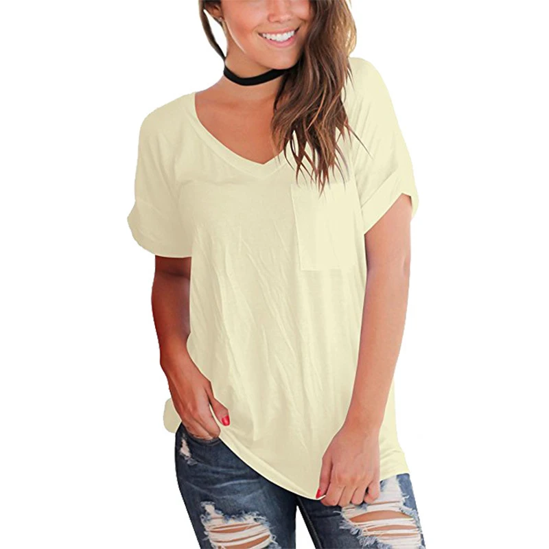

t shirt women 2019 summer new women's pocket V-neck short-sleeved loose T-shirt plus size tshirt cheap vestidos SY180410