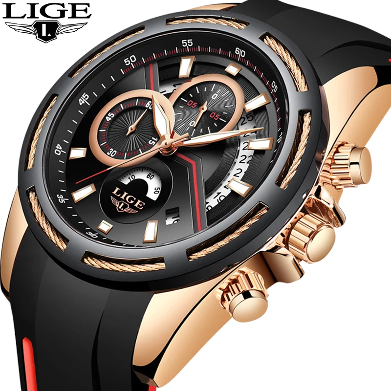 Relogio Masculino 2019 LIGE Mens Watches Silicone Strap Top Brand Luxury Waterproof Sport Chronograph Gold Quartz Wristwatch+Box