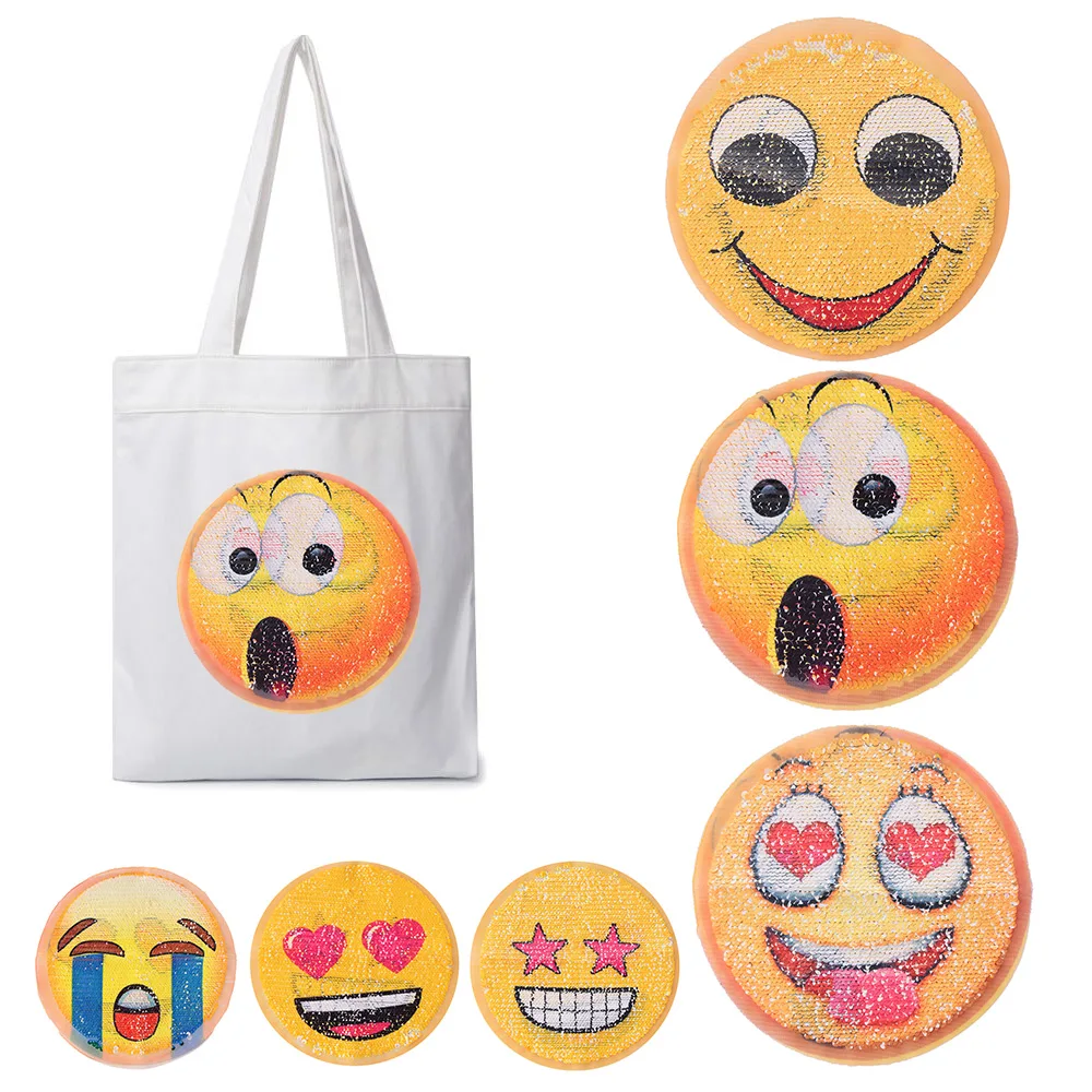

1PC Round Reversible Sequins Sew On Patch for Clothes DIY Crafts Coat Sweater Embroidered Paillette Emoji Patch Applique