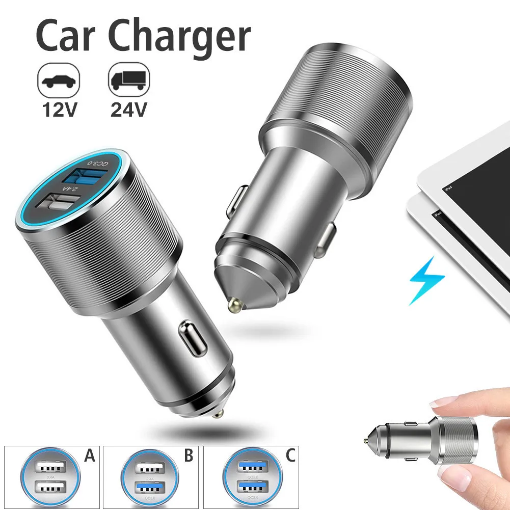 Car Fast Charge QC 3.0 12V 24V Aluminum Alloy Dual USB Car Mounted