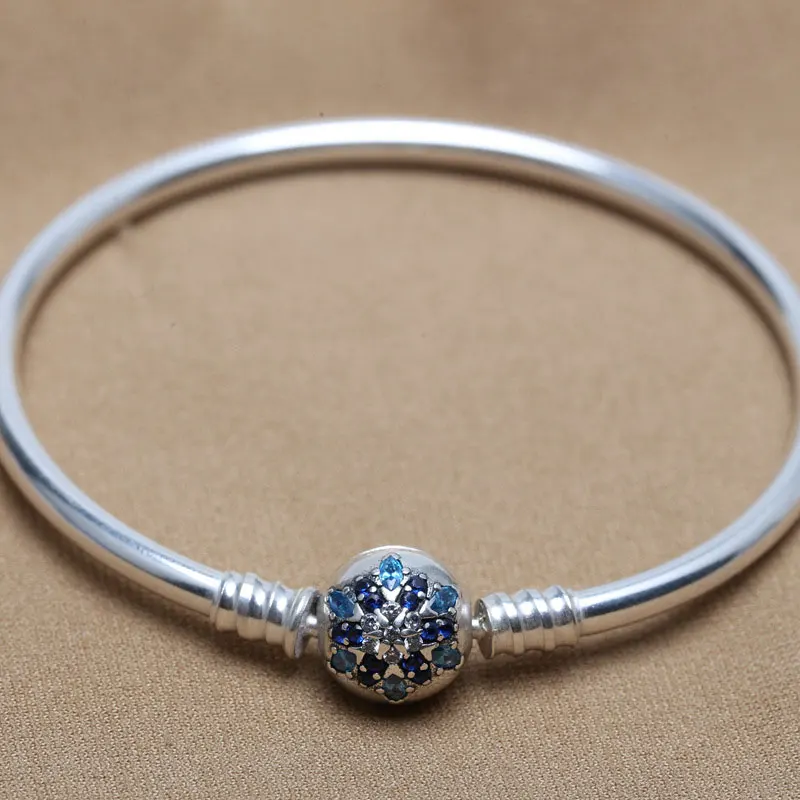 

New 925 Sterling Silver Bangle Crystalized Snowflake Clasp Snake Chain Basic Bracelets Bangle Fit Women Bead Charm DIY Jewelry