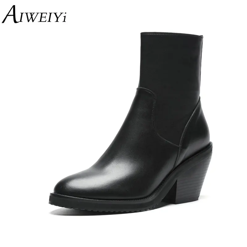 

AIWEIYi Mid-calf Boots for Women Genuine Leather Martin Boots Black Thick High Heels Autumn Winter Shoes Chelsea Boots
