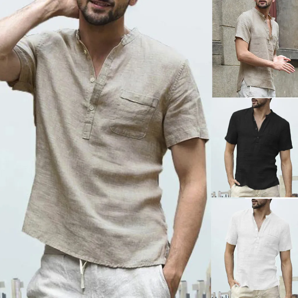 

Baggy Cotton Linen Men Soid Color Short Sleeve Retro Shirts Tops Blouse Summer Cool Fashion Creative Clothing Semir 2019