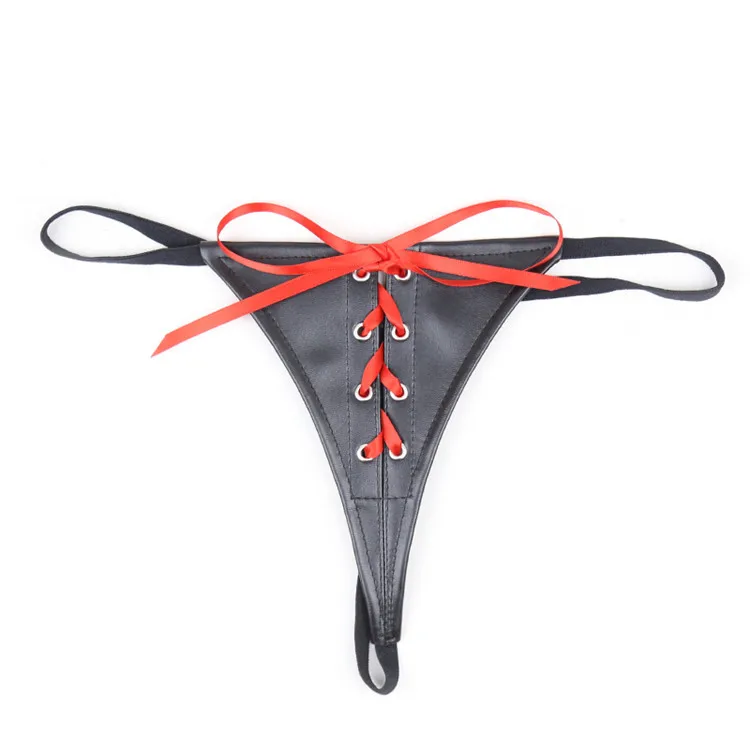 

New Women Sexy Lingerie Underwear Bondage Harness Chastity Thong Female Red Bow PU Leather Ladies Panty Lace-up Panties