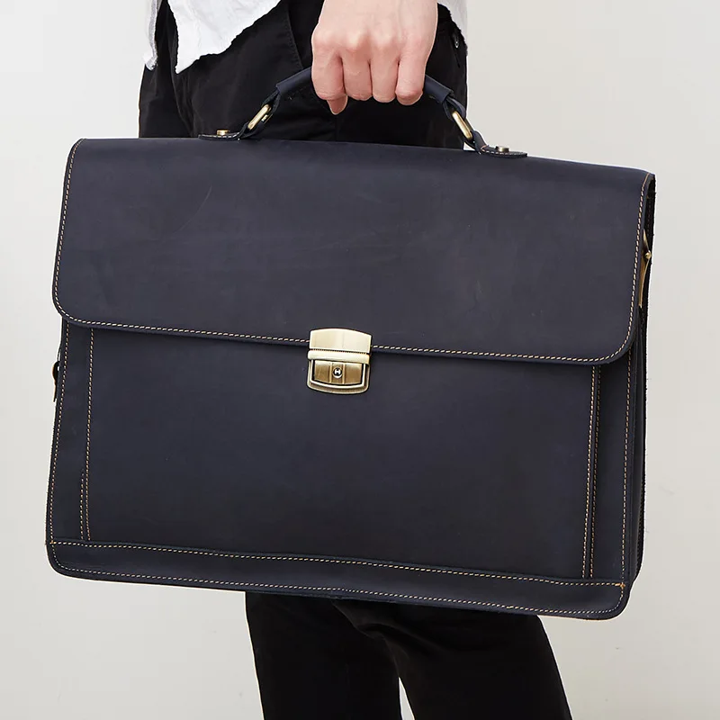 

Men Vintage Briefcase, with Hasp, Genuine Leather, Cow leather Bag Simple Design for Work Business Travel, High Quality