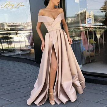 

Champagne Long Elegant Evening Dresses 2020 Off Shoulder Sexy High Slit Satin Formal Party Dresses Crisscross Neck Prom Dresses