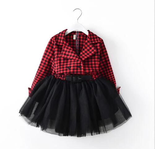 Новые Одежда для детей; малышей; девочек Демисезонный платье красные пледы печати принцесса праздничное платье одежда с длинным рукавом ремень пачки малыша Платья для женщин