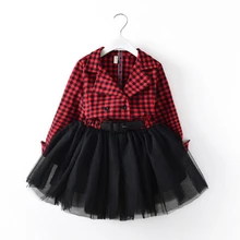 Новые Одежда для детей; малышей; девочек Демисезонный платье красные пледы печати принцесса праздничное платье одежда с длинным рукавом ремень пачки малыша Платья для женщин