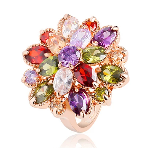 

2016 New Lady's Alloy Ring Cubic Zirconia Colorful Crystal Flower Statement