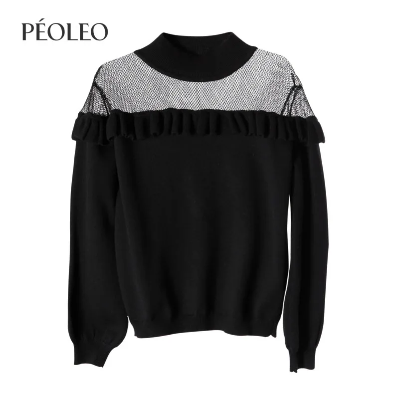  floating black pleats lace sexy turtleneck sweater women Korean style pull fem me 2019 autumn winte