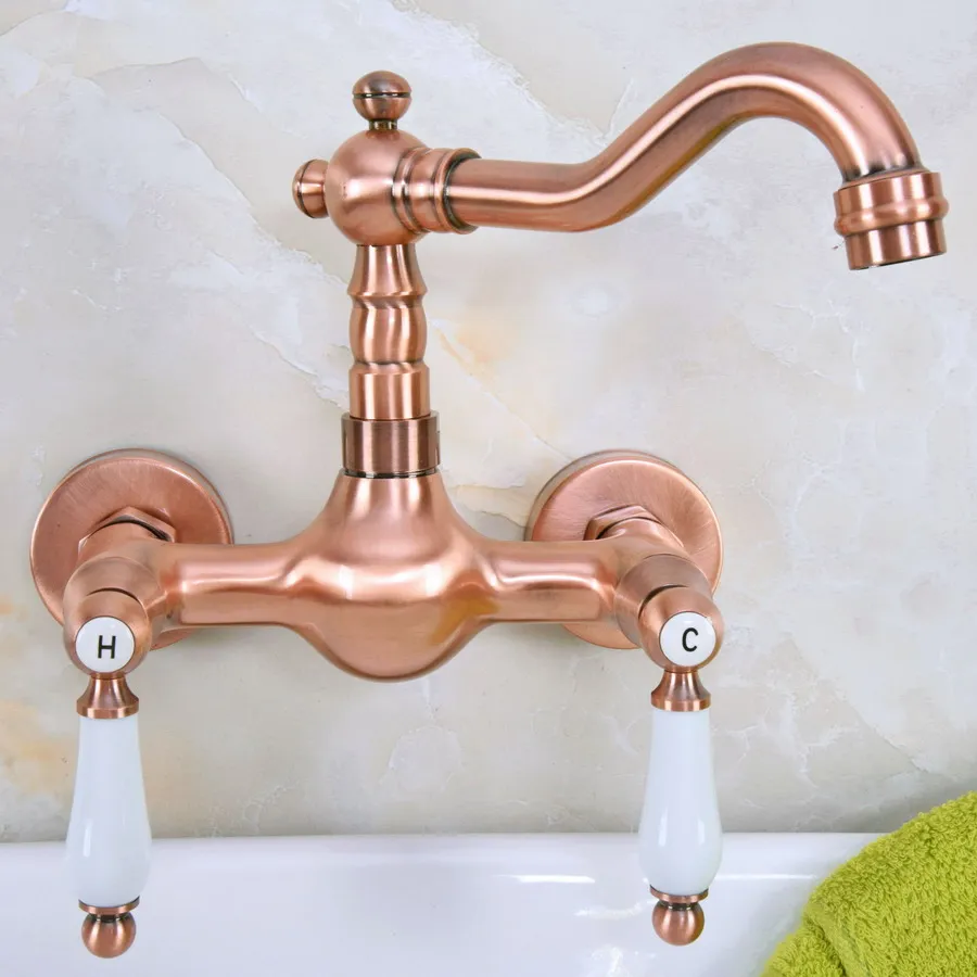 

Antique Red Copper Brass Bathroom Kitchen Sink Faucet Mixer Tap Swivel Spout Wall Mounted Dual Ceramic Levers Handles mnf949