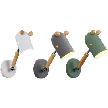 

Nordic creative cartoon wall lamp rotatable wood wrought iron bedroom bedside wall lamp hotel restaurant aisle lights mx4191157