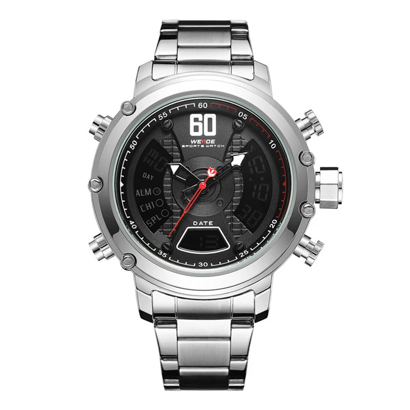 

WEIDE fashion LCD Analog Digital Dual Display Quartz Men Sport Watch Business Stainless Steel Strap Wristwatches Multifunctional