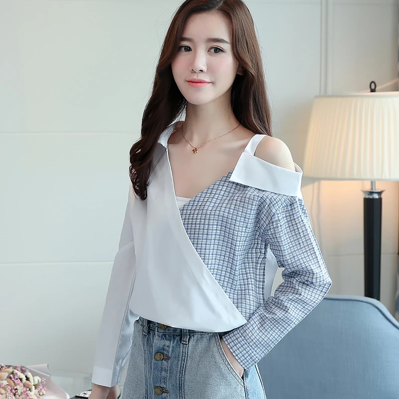  2019 fashion v-neck sexy strapless women blouse shirt summer long sleeve women tops shirts plaid wo