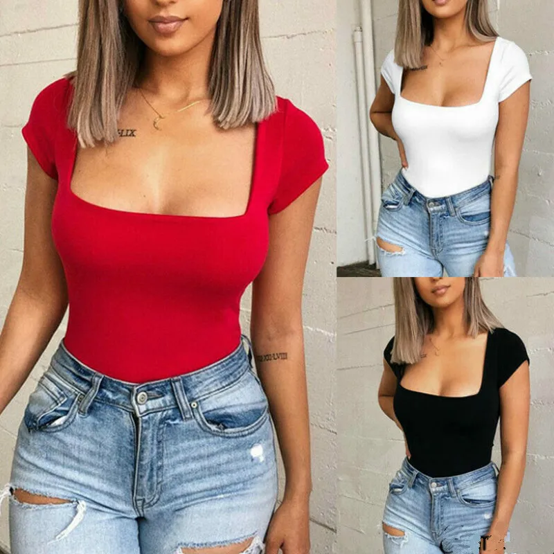 2019 Summer Casual Women Solid Bodysuit Bodycon Jumpsuit Square Collar Short Sleeve Tops 2019 Summer Casual Women Solid Bodysuit Bodycon Jumpsuit Square Collar Short Sleeve Tops