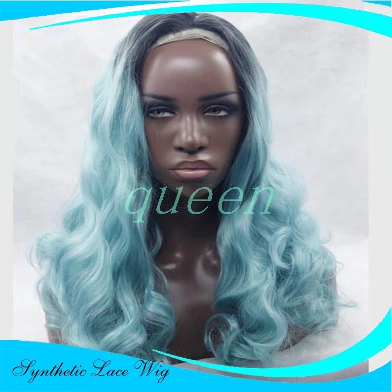 Long Dark Blue Wig Three Tone Natural Black Ombre Blue To Blonde