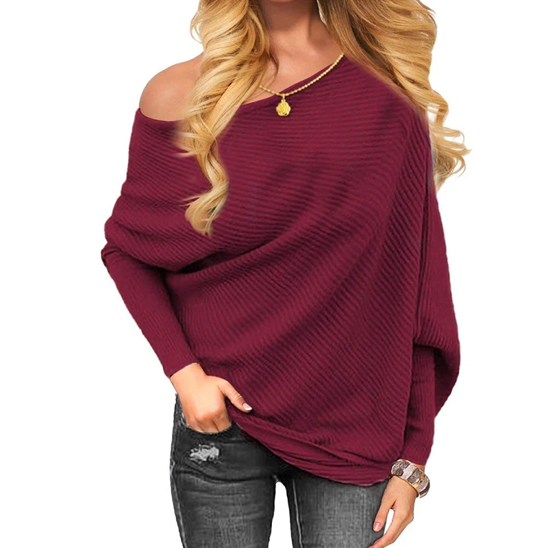 

Sweater Women Harajuku Casual Loose Solid Long Sleeve Knitted Sweater Sexy Off shoulder Batwing Sleeve Pullovers Jumper 3XL