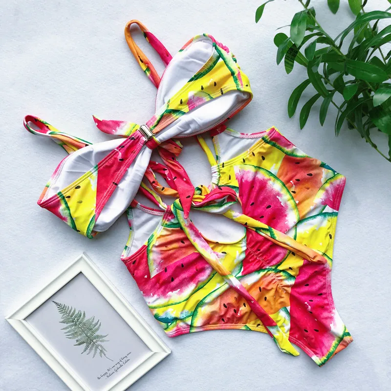 

Women High Cut Out One Piece Swimsuit2019 Watermelon Bandage Swimwear High Waist Swimsuit Knotted Hollow Out Padded Bathing Suit