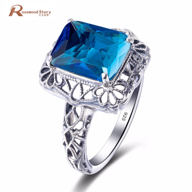 

Fashionable Retro Punk Genuine Austrian Crystals Ring Antique Jewelry Sky Blue Stone 100% 925 Sterling Silver Wedding Rings