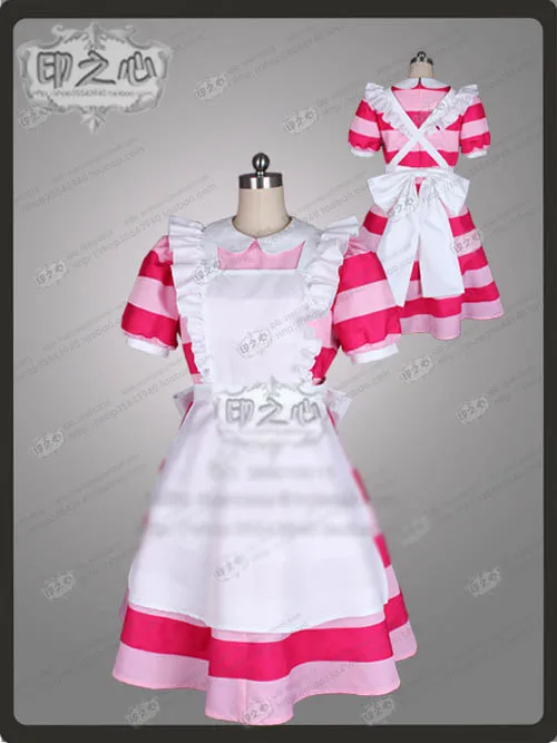 

Anime Alice in Wonderland Alice Cosplay Costume Pink Strips Maidess Dress Outfit Dress+Apron+Bow