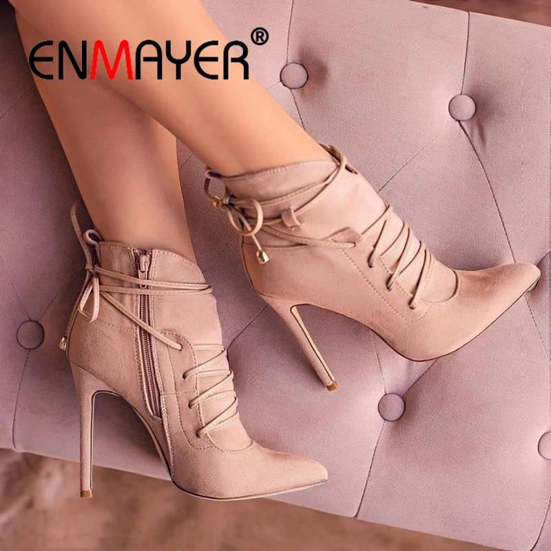 

ENMAYER Women Boots High Heels Pointed Toe Cross-Tied Boots Woman Shoes Autumn INS Fashion Botas Mujer Thin Heels Lace up CR763