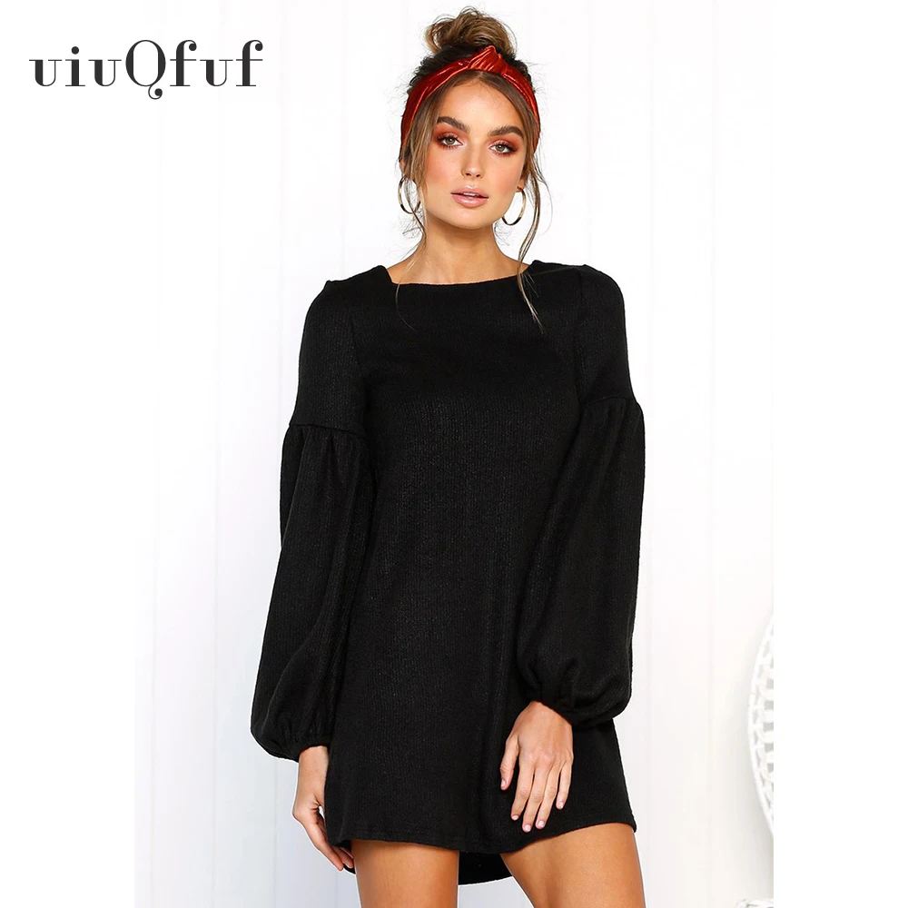 

Autumn Winter Knitted Sweater Dress Long Sleeve Loose O-neck 2019 Fashion Fluffy Sweater Solid Elegant Women's Pullover Dress