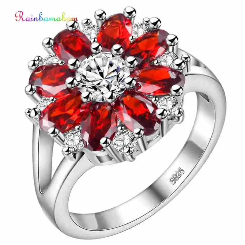 

Rainbamabom Luxury Real 925 Solid Sterling Silver Ruby Gemstone Wedding Engagement Flower Ring Fine Jewelry Gifts Wholesale
