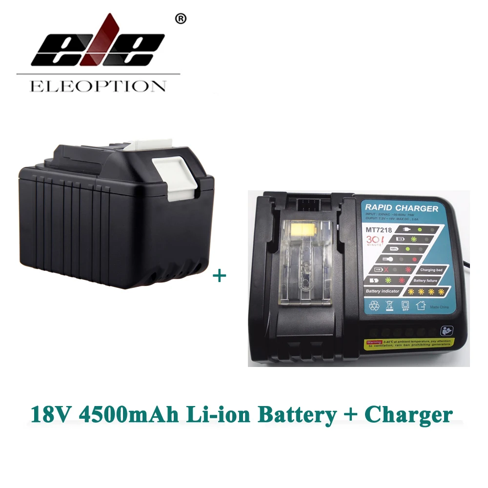 

ELEOPTION BL1830 Rechargeable Power Tool battery for Makita 4500mAh 18V Li-ion LXT400 194205-3 194230-4 BL1840 Battery + Charger