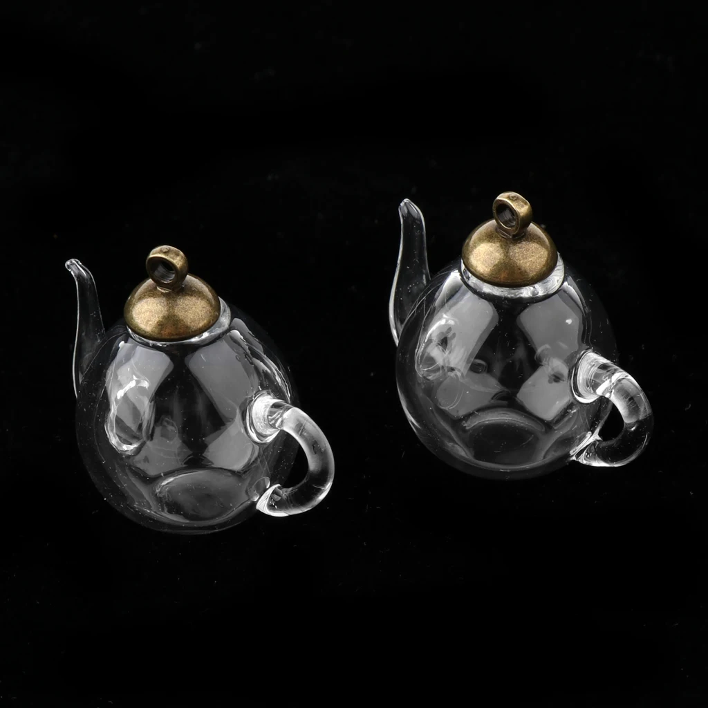 2Pcs Mini Teapot Empty Glass Wishing Cap Bottles Vial Pendant Charms Craft DIY