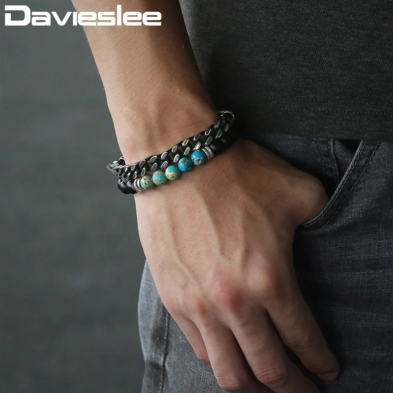 

Davieslee Black Glass Beads Bracelets For Men Women Genuine Imperial Stone White Strand Bracelet 2018 Men Jewelry 8mm DLBFM01