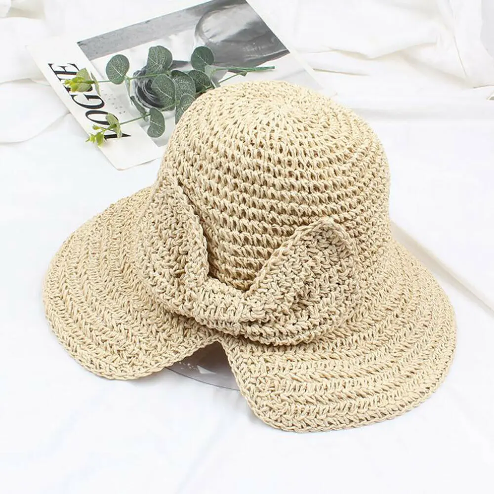 Fashion Bow-knot Straw Sunhat Summer Beach Women Lady Travel Sun Hat Foldable Beach Cap Sun Protection Panama Hat New - Color: Beige