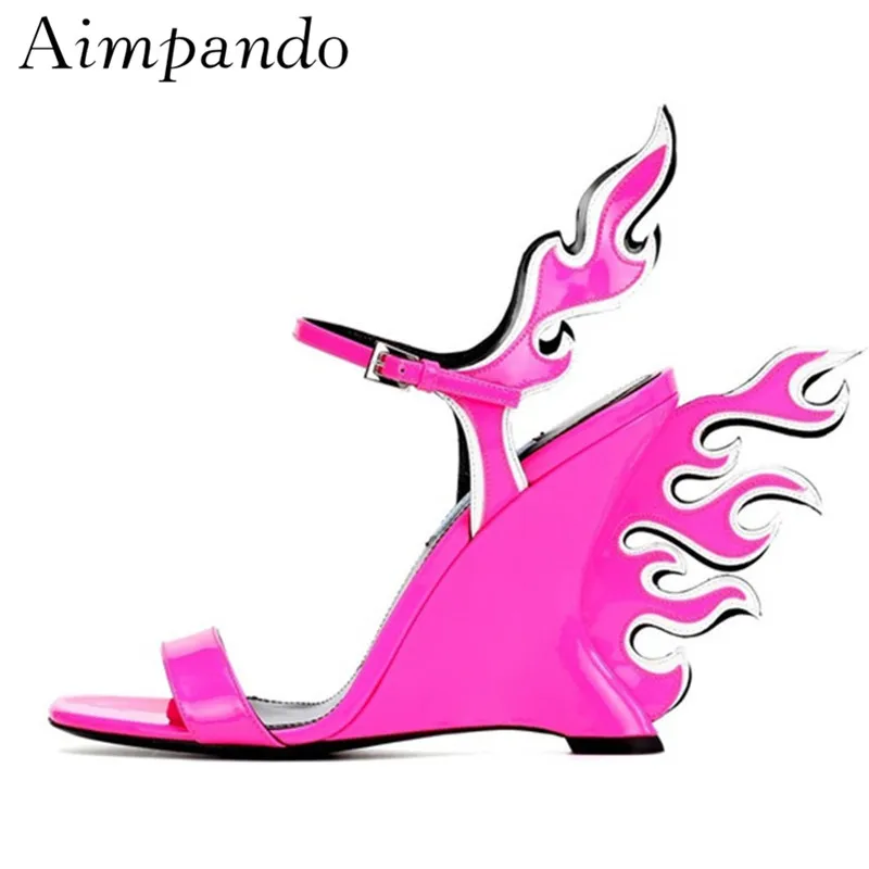 

Chic Summer Fire-shaped Sandals Women Individual Ankle Strap Wedges Jelly Color Flame-pattern Catwalk Sandalias De Mujer