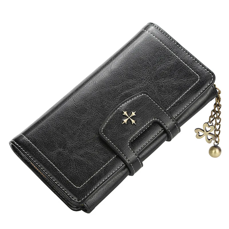 New Vintage Hasp Long Purse Ladies Wallet Women Luxury Brand Retro Zipper Leather Purses Female Wallets Woman Card Holder - Цвет: L Black