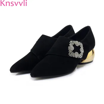

Knsvvli electroplate chunky high heel women shoes new style point toe kid suede crystal buckle high fashion shoes women autumm