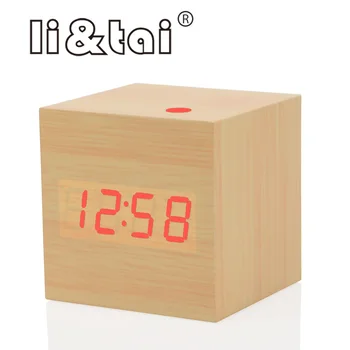 

Square Wooden LED Digital Alarm Clock Sounds Control Calendar Temperature LED Display Electronic Digital Square Table Clock