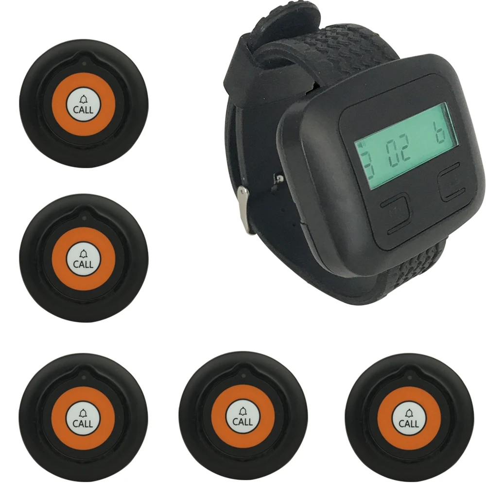 JINGLE BELLS 433MHz wireless calling system with long distance 5 call button+1 watch pager receiver restaurant|watch pager|pager systempager |