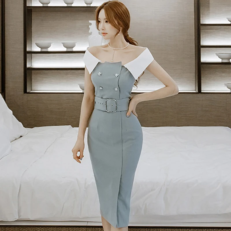 

2019 Summer Strapless Slash Neck Bodycon Knee-Length Cloth Women Belt Bodycon Sexy Work Office Dress