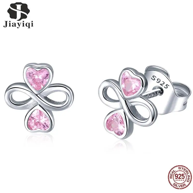 

Jiayiqi Pink Infinite Love Heart 925 Sterling Silver Stud Earrings Charm Romantic Zircon Earrings Trendy Women Jewelry Gifts