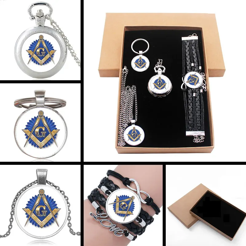 

Classic Silver Freemasonry Masonic Jewelry Gift Set Have Pocket Watch And Pendant Necklace And Key chain Bracelet With Gift Box