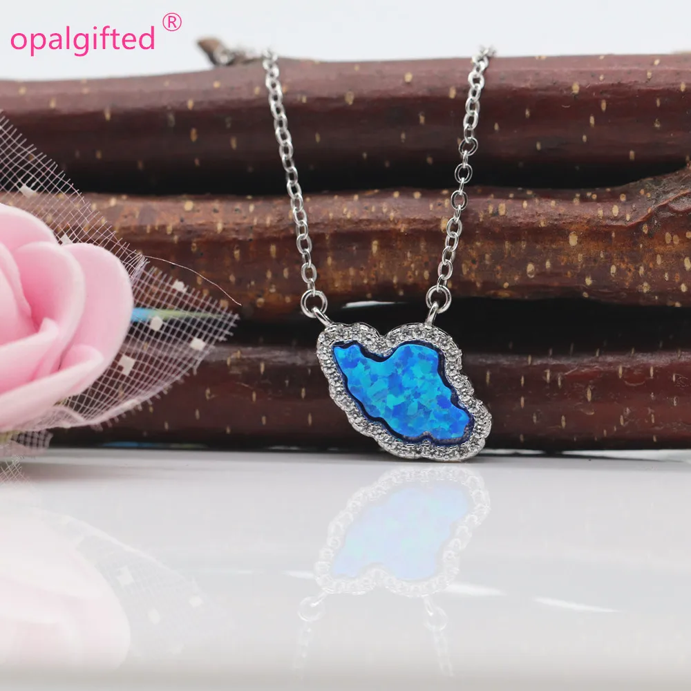 

1pc Free Shipping Blue op05 Synthetic Opal Map of Iran shape 925 silver Necklace with cz 10.2*10.3mm opal Iran pendant necklace